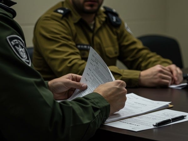 תצלום מקצועי של מסמכים משפטיים על רקע צבאי.