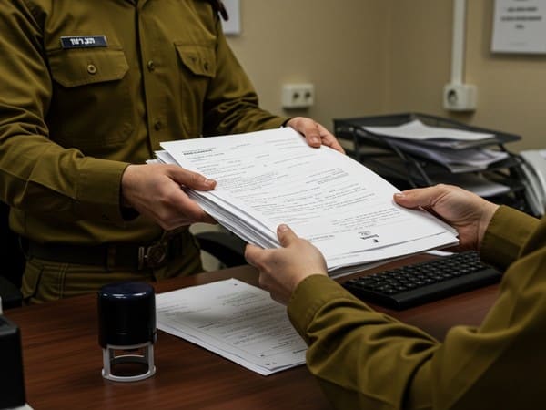 עורך דין צבאי בוחן מסמכים משפטיים הקשורים לשיבוץ.