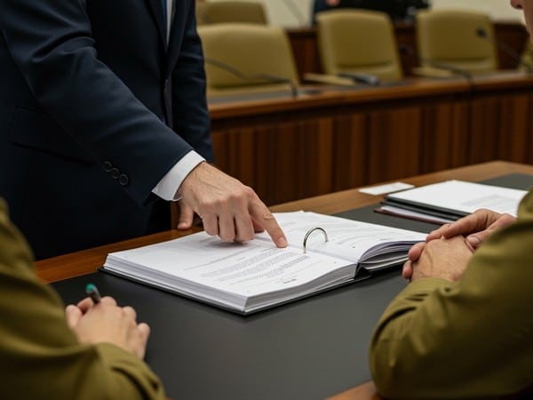 חייל בוחן מסמכים משפטיים בנוגע לשחרור מצה